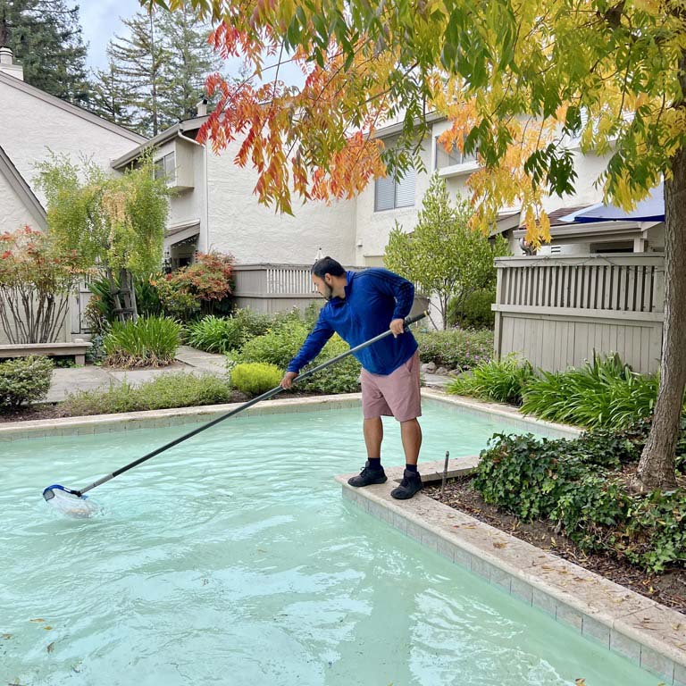 A person cleaning a pool with a net in a residential backyard, surrounded by trees and shrubs, under a cloudy sky.