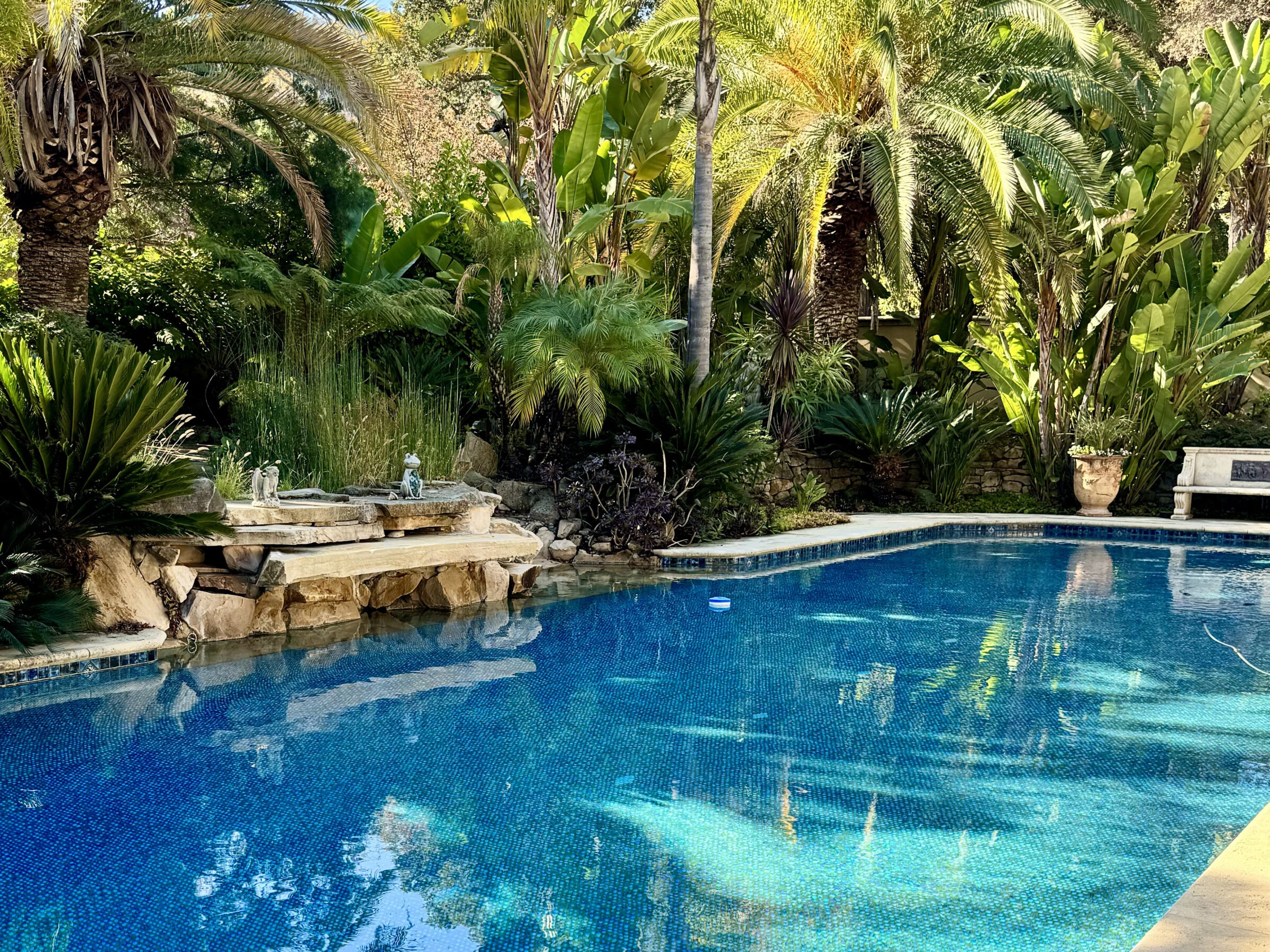 A tranquil swimming pool surrounded by lush tropical greenery, with palm trees and stone features, creates a serene, inviting outdoor setting.