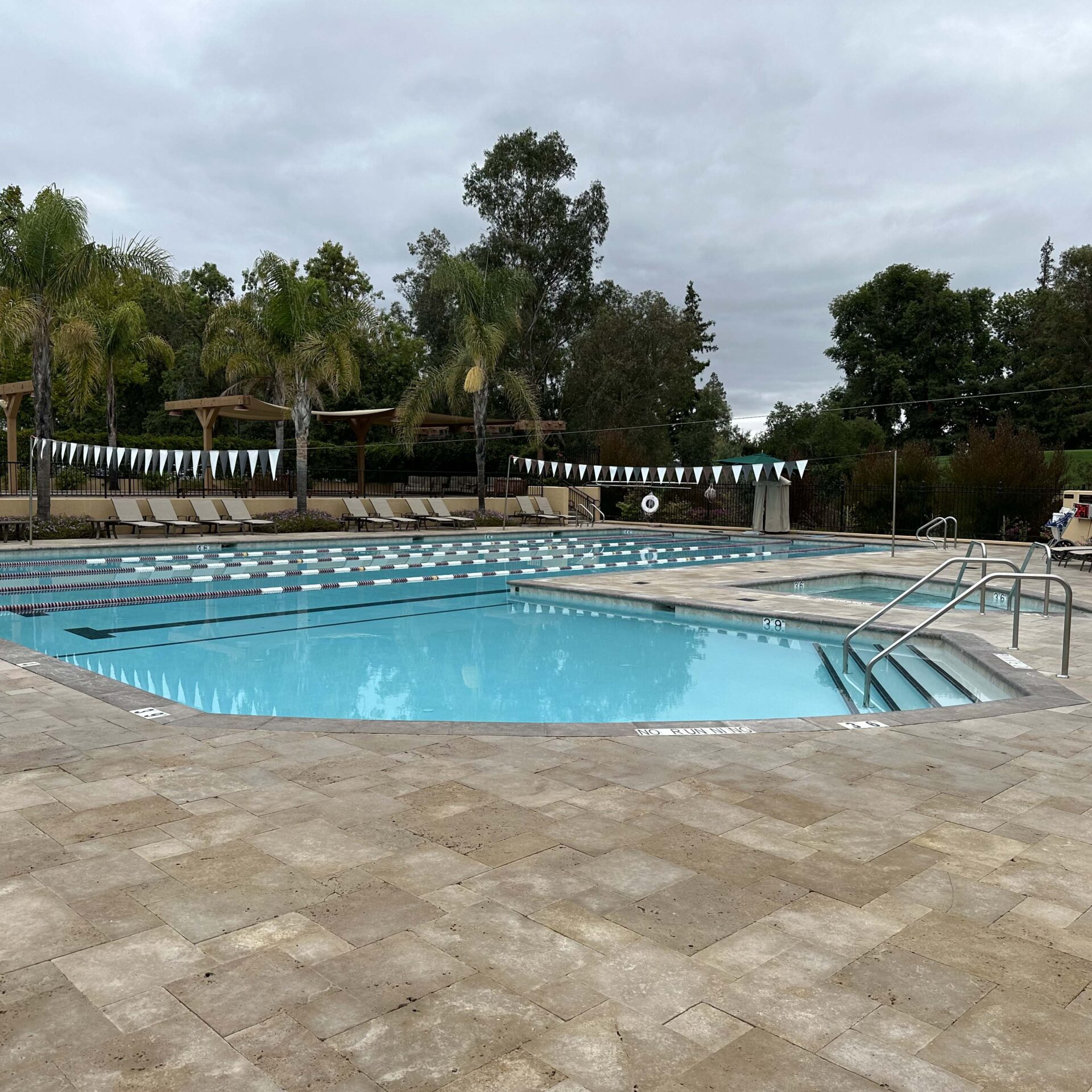 Outdoor pool with tiled deck, surrounded by palm trees and lounge chairs. Overcast sky adds a tranquil, relaxed atmosphere to the scene.