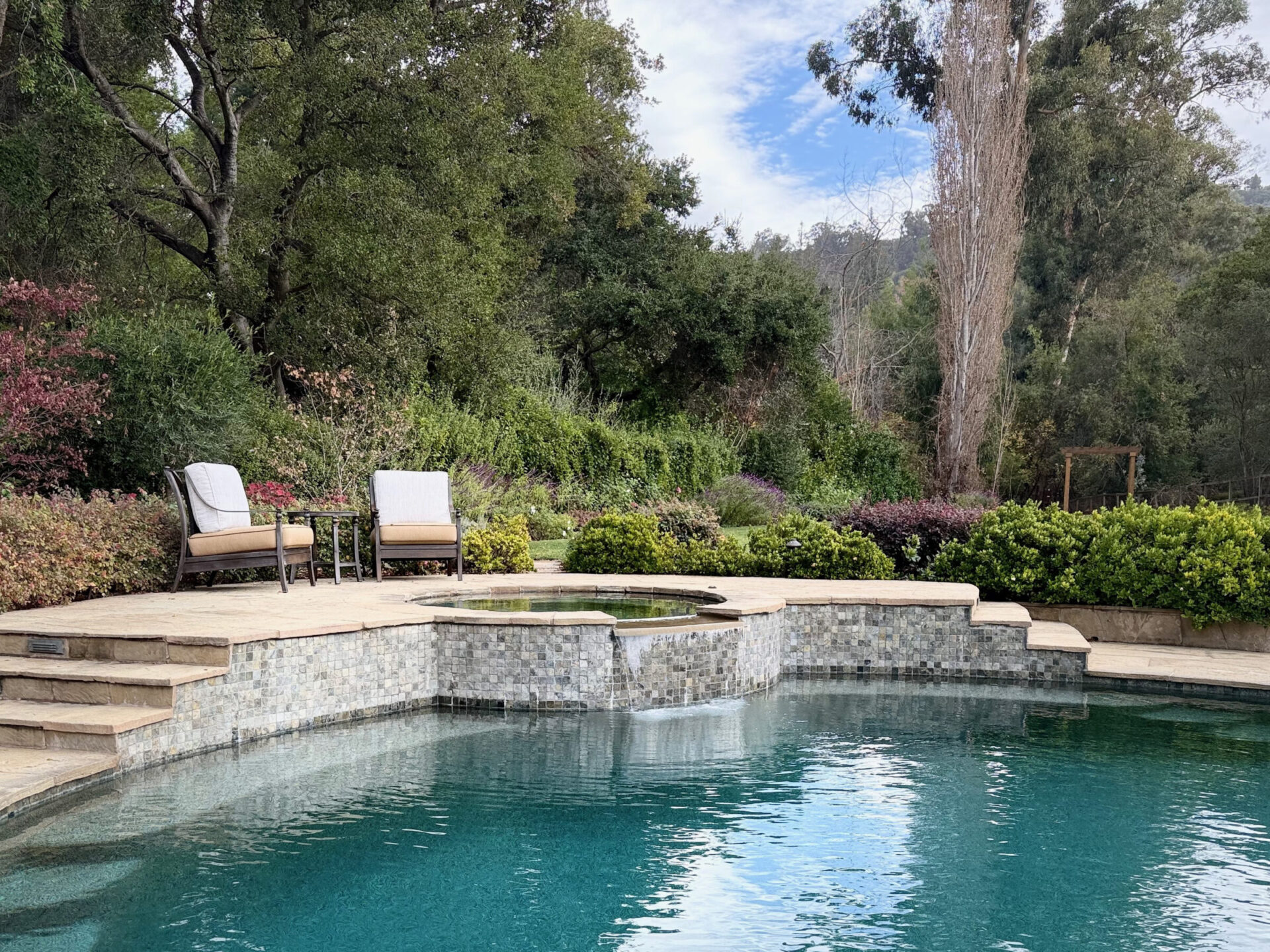 A serene backyard pool with lounge chairs and lush greenery, surrounded by trees and shrubs under a partly cloudy sky.