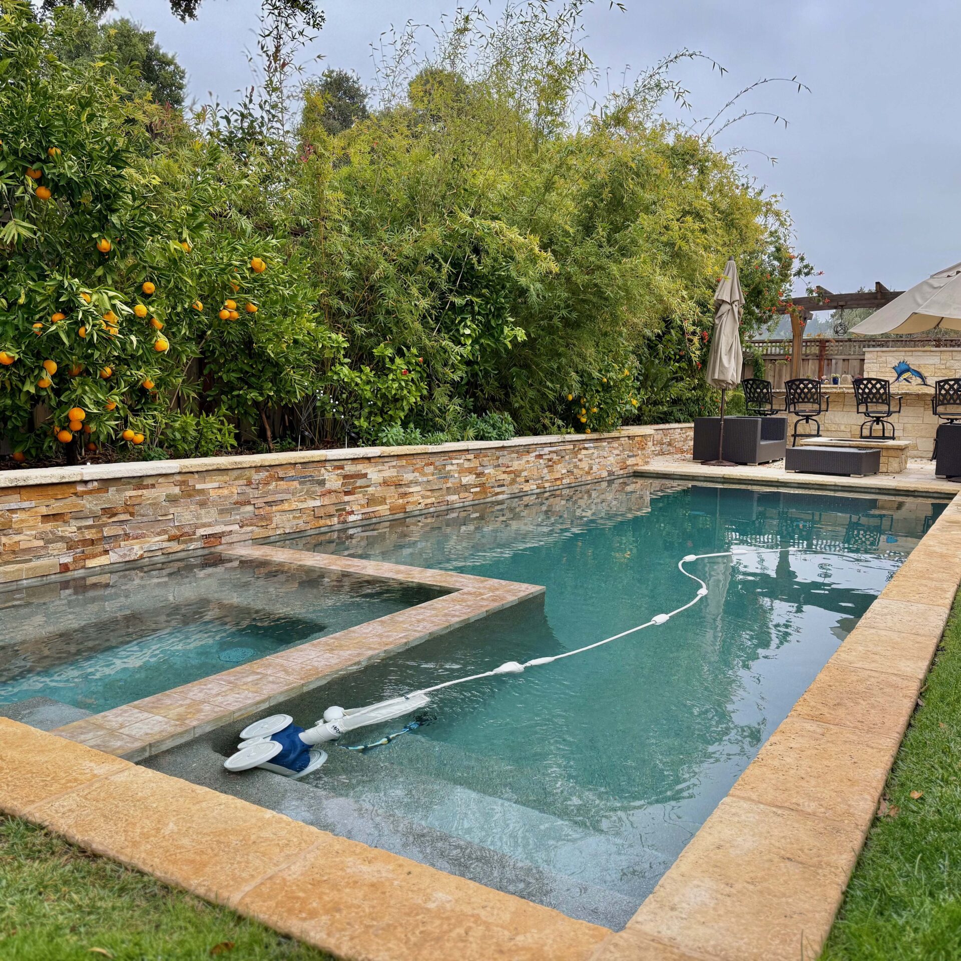 A modern backyard pool with stone border, adjacent to orange trees and seating area, surrounded by lush greenery under a cloudy sky.