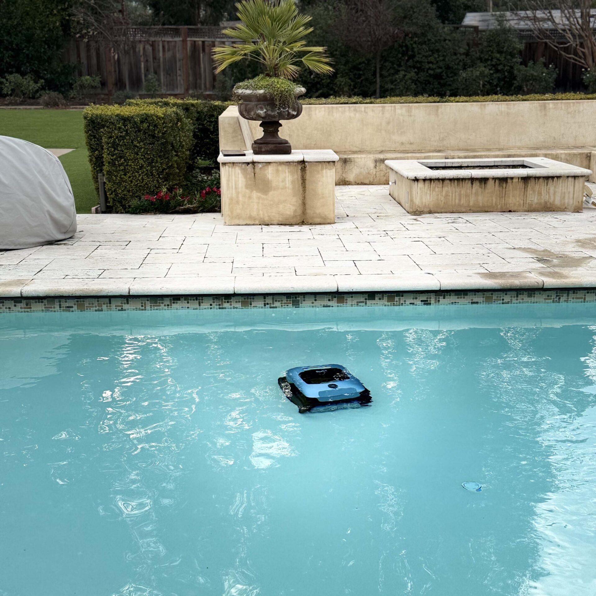 A pool cleaner operates in a blue swimming pool, surrounded by a stone deck. Nearby, there’s a large planter with a small palm.