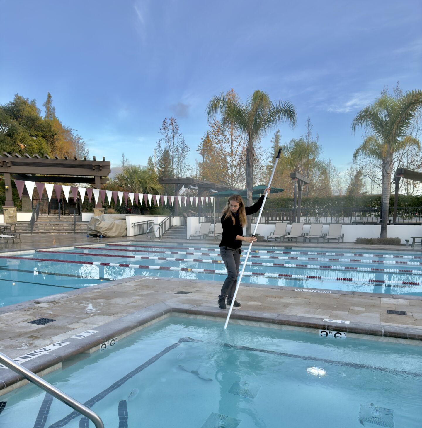A person cleans a clear, outdoor pool with a pole. Palm trees and a pergola frame the scene under a blue sky.