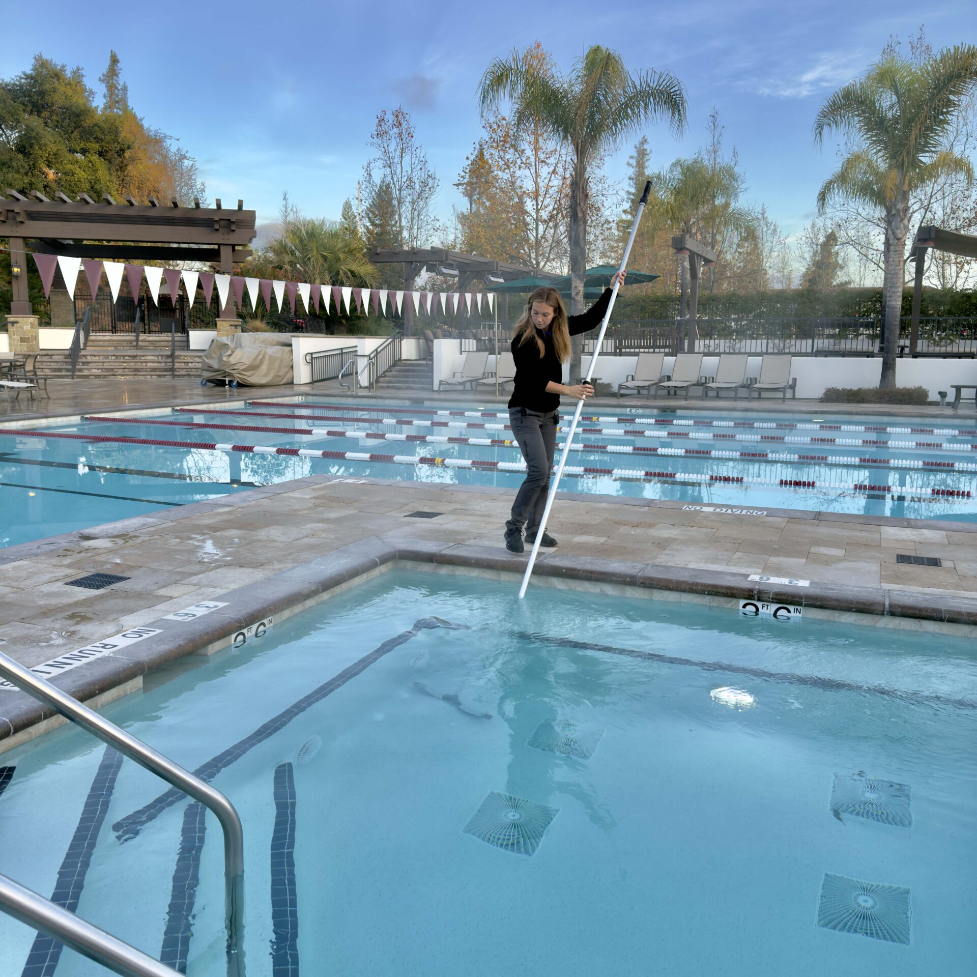 A person is cleaning an outdoor swimming pool with a pole near palm trees, under a clear sky, at a recreational facility.