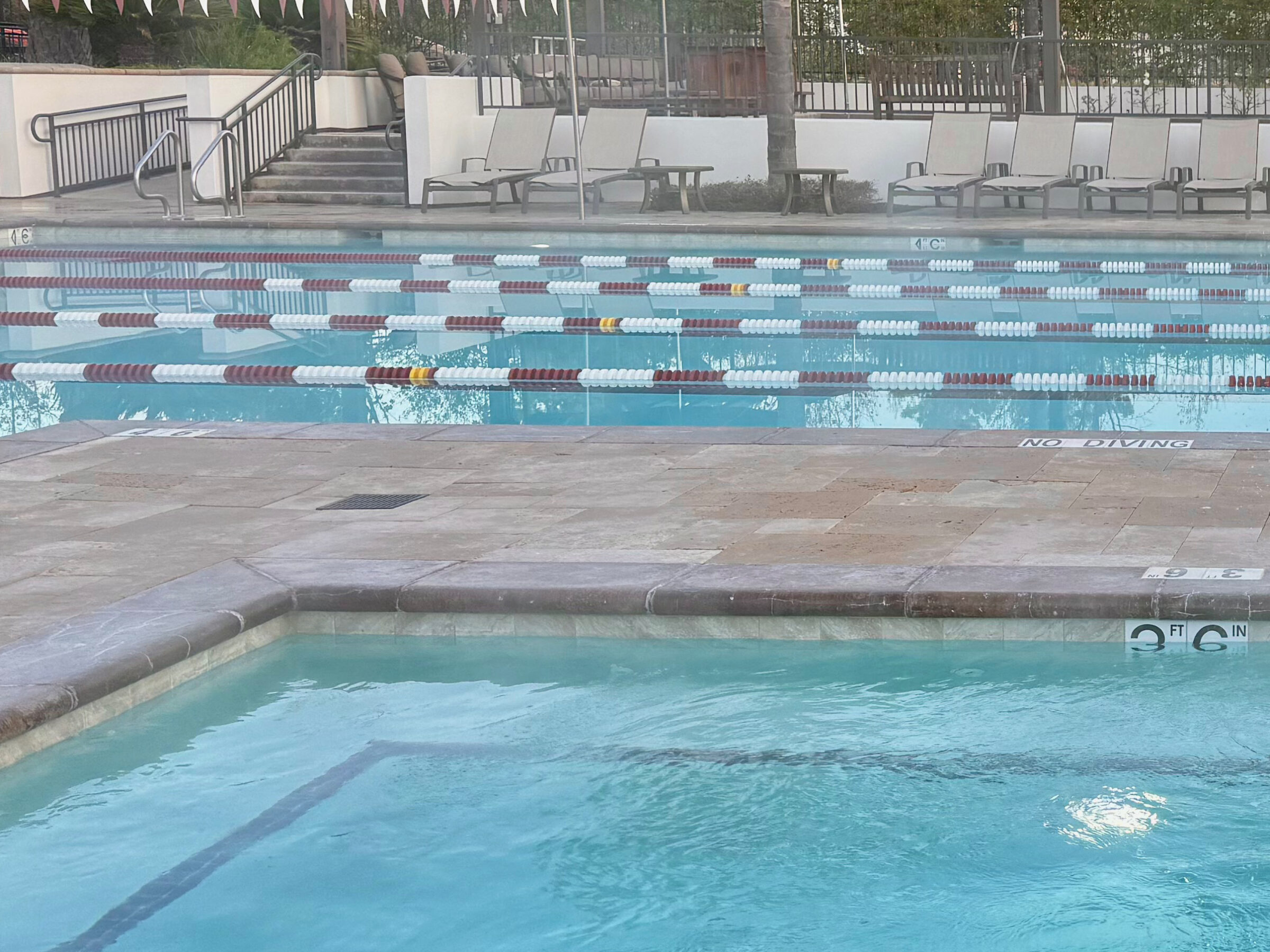 Swimming pool with lane dividers, adjacent hot tub, and poolside seating. Lined loungers and a tree are visible near a railing.