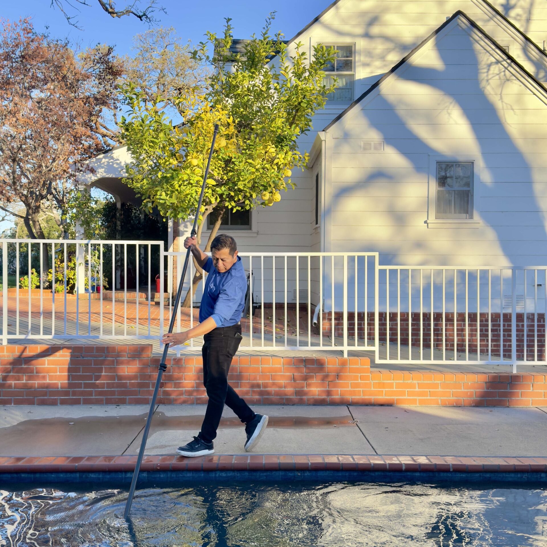 A person balances on a narrow edge beside a pool, using a long pole for support. A white house and tree are visible.