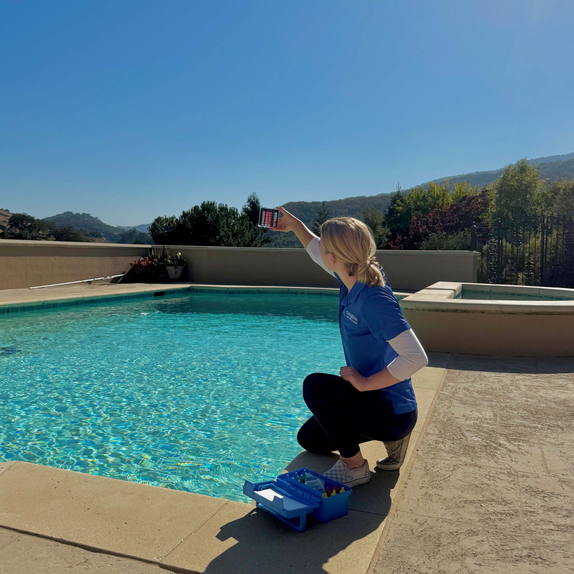 A person kneels by a swimming pool testing water with a kit, set against a scenic landscape of hills under a clear sky.