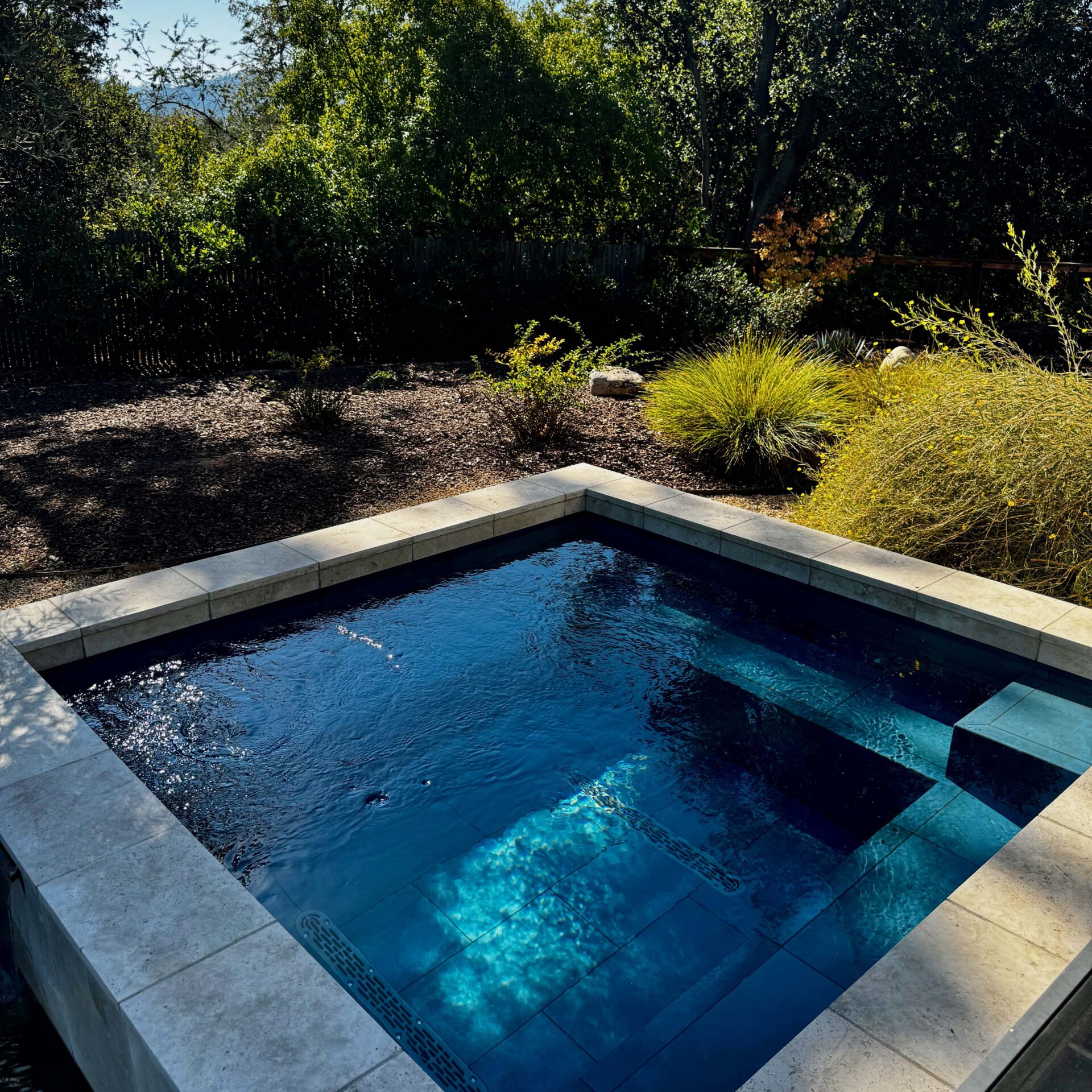 A small square pool surrounded by stone tiles is set in a garden with various plants and trees under clear skies.