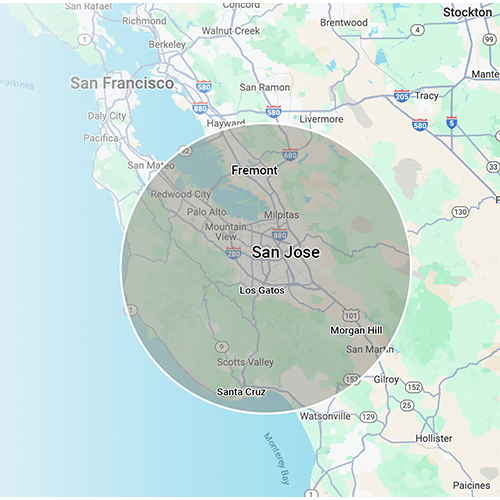 Map highlighting the San Francisco Bay Area, focused on San Jose. Nearby cities include Fremont, Palo Alto, Mountain View, and Santa Cruz.