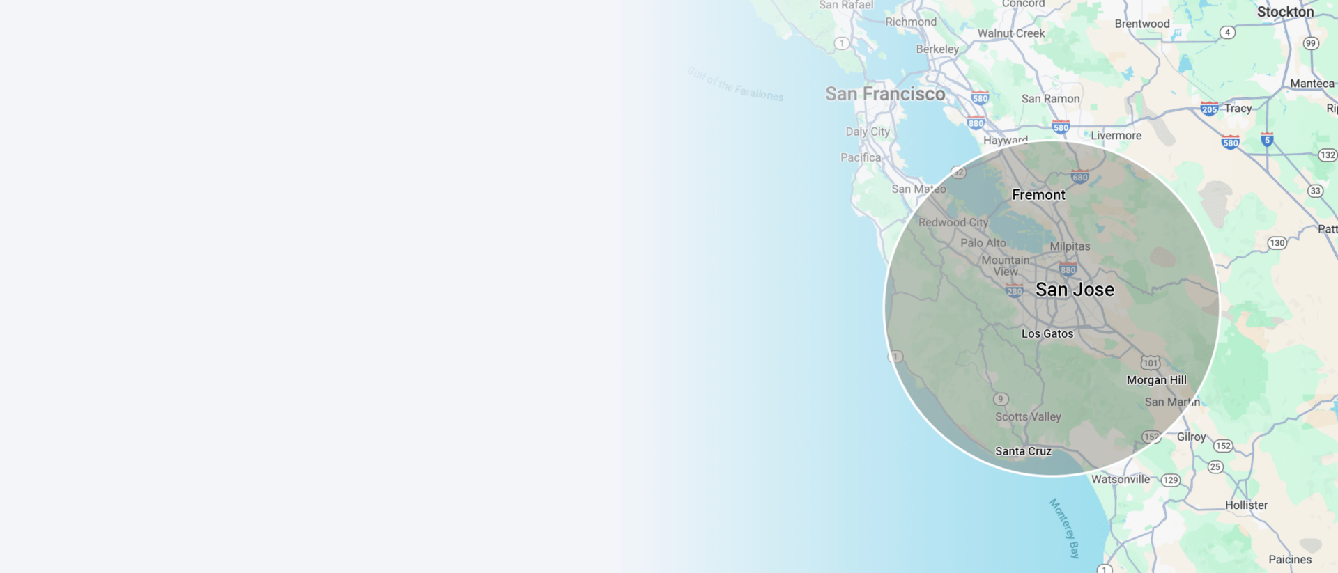 A map highlighting San Jose, near San Francisco, California, including surrounding areas like Fremont, displaying highways, cities, and bodies of water.