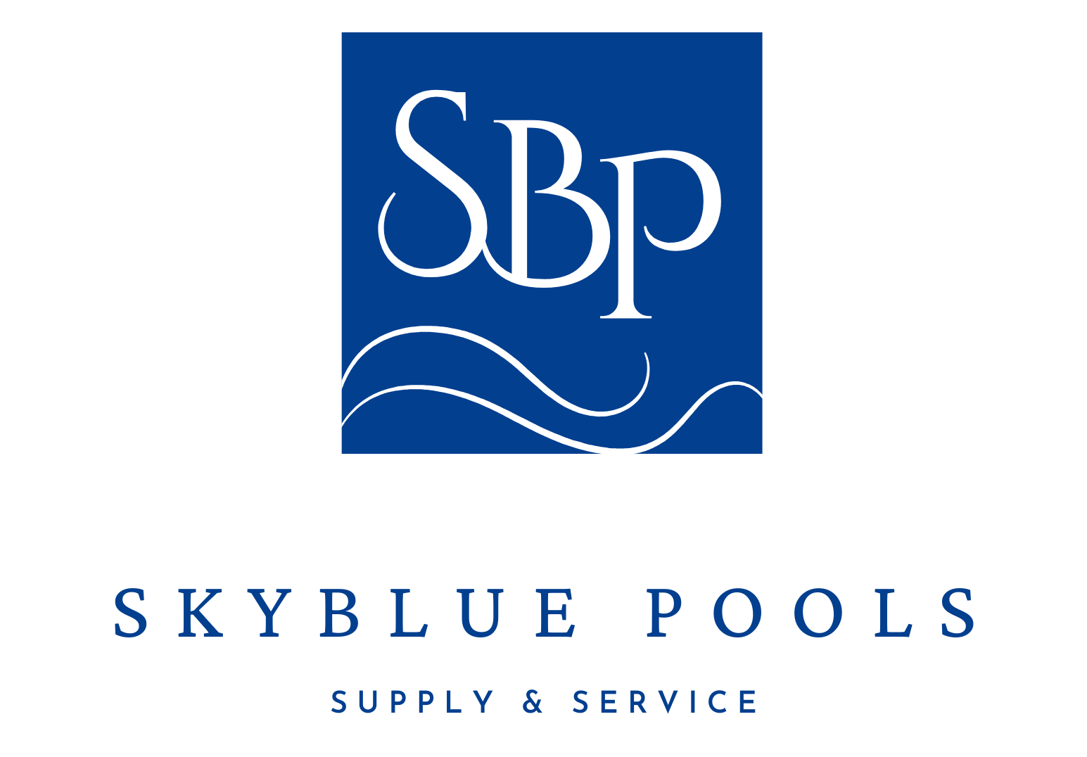 Logo featuring "SBP" in white on a blue square with wave design. Below, text reads "Skyblue Pools Supply & Service" in blue letters.