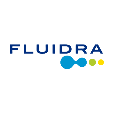 Fluidra logo featuring blue text and abstract shapes, with two blue and two green dots, representing the brand's identity and products.