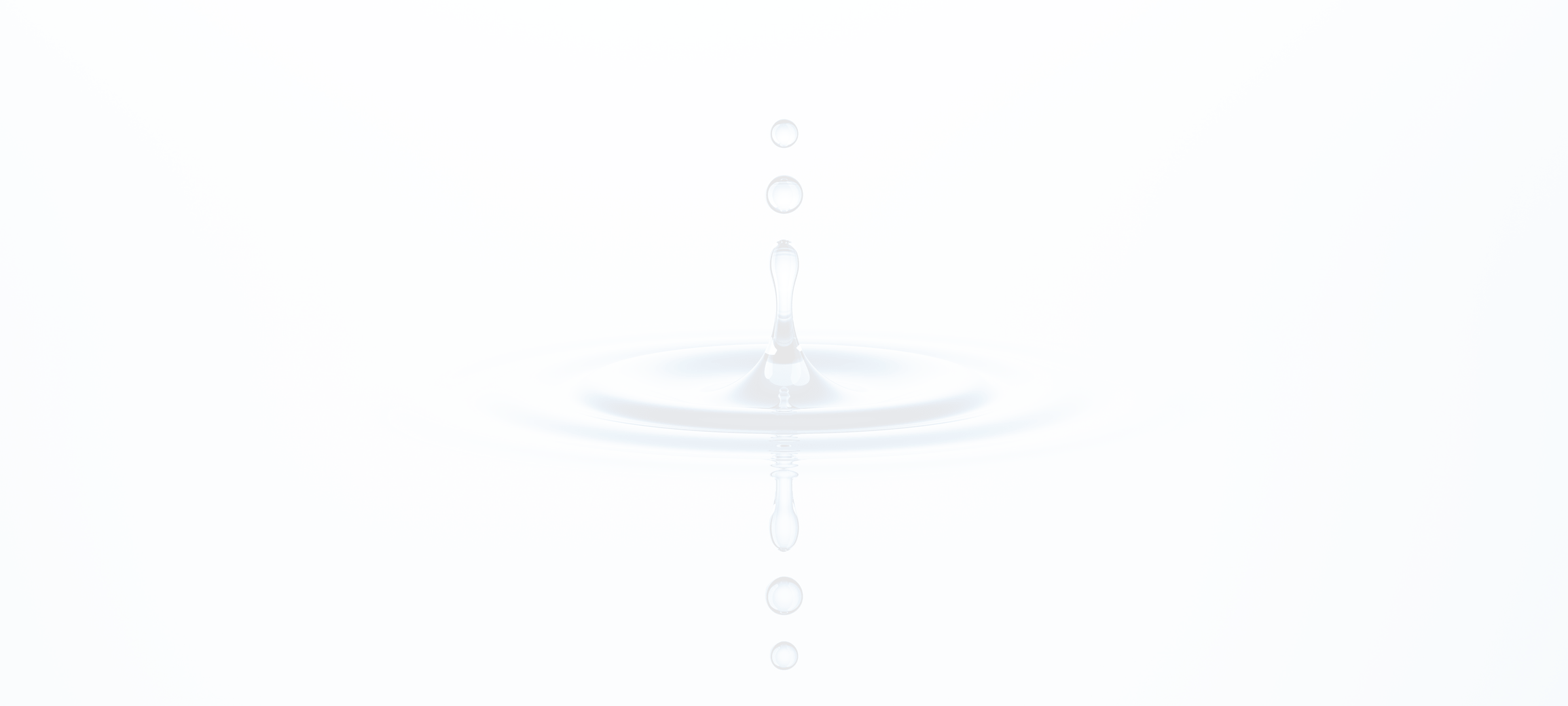 A sequence of water droplets descends into a calm pool, creating ripples on the surface. The background is a soft, light gray.