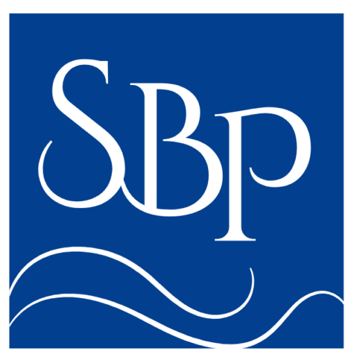 Blue square logo with white letters "SBP" and stylized wave design below. Simple and professional appearance.