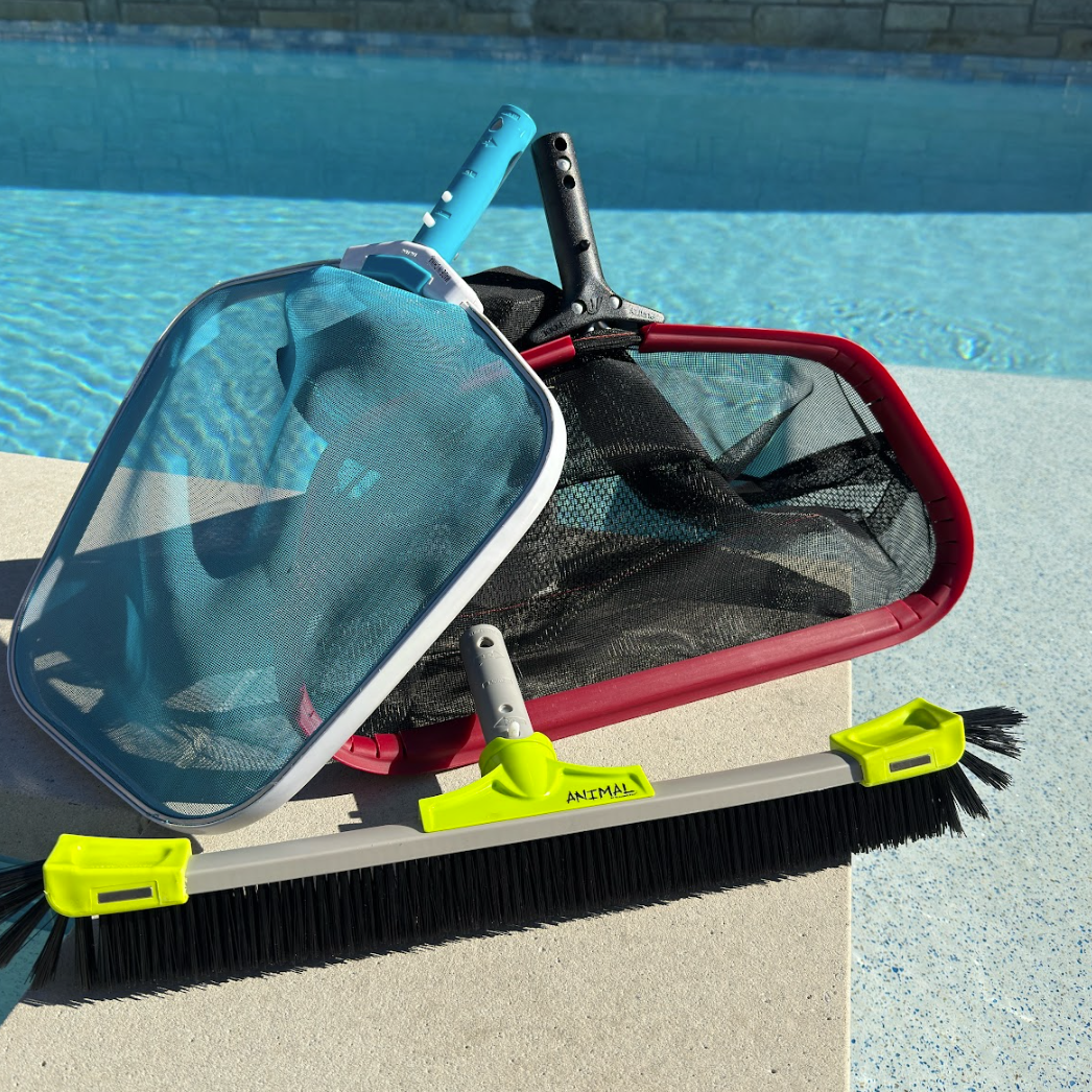 Poolside scene with a blue pool net and red skimmer resting on the deck. A broom labeled "Animal" is nearby, under sunny weather.