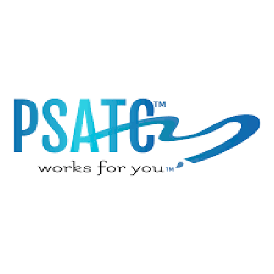 Logo with blue, stylized text "PSATC" and tagline "works for you." A dynamic swoosh graphic is incorporated into the design.